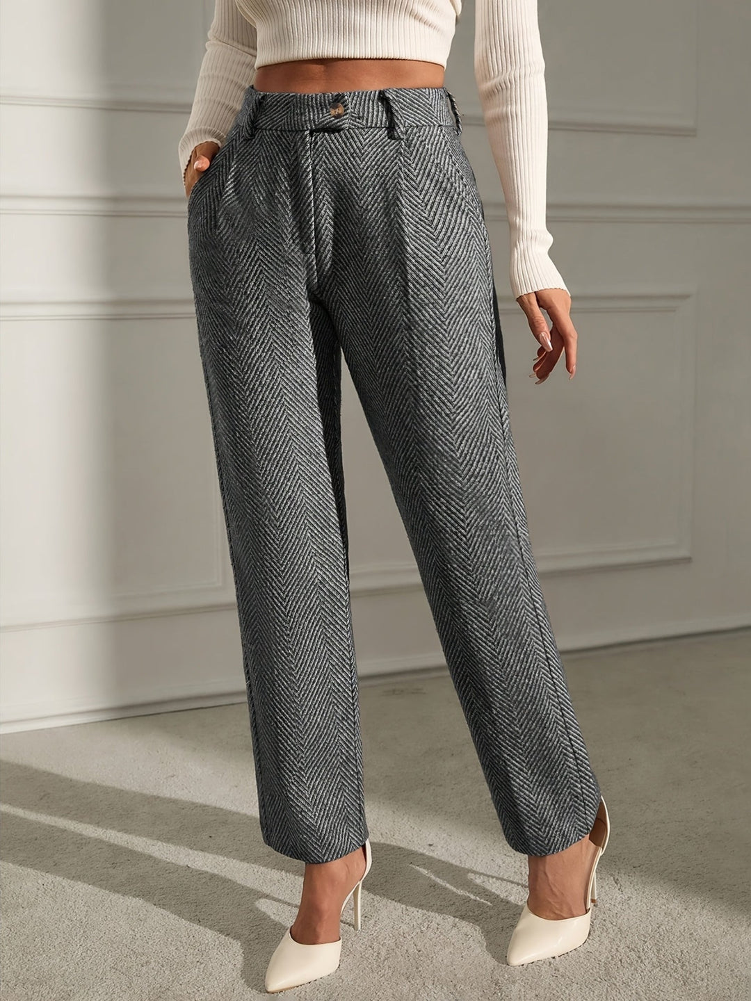 Women's Houndstooth Pattern High-Waisted Pants, view 7 - Elena Harper