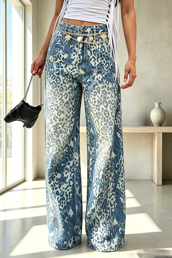Stylish and Distinctive Leopard Print Denim High Rise Pocket Wide Leg Jeans