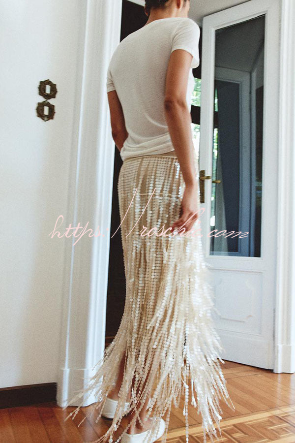 Champagne Party Layered Sequined Tassels Mid Rise Elastic Waist Midi Skirt, view 10 - Elena Harper