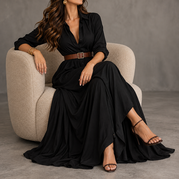 Beltelle – Long-Sleeve Belted Maxi Shirt Dress