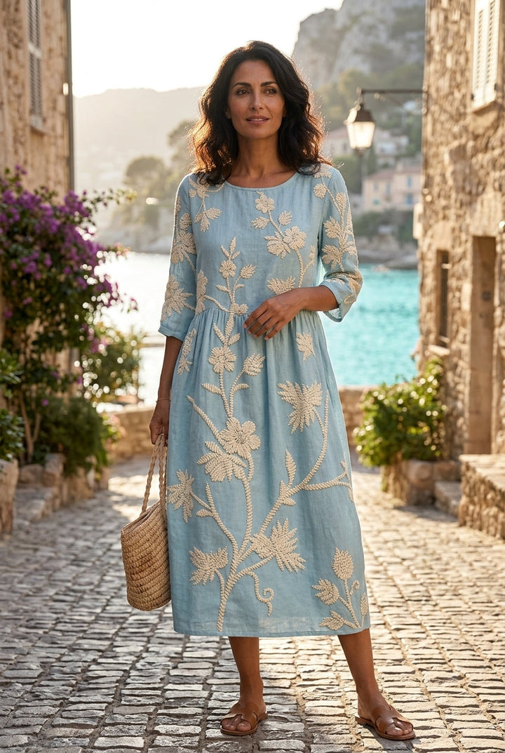 Fluid Midi Dress with Floral Embroidery Elegant Vintage Collection - Elena Harper