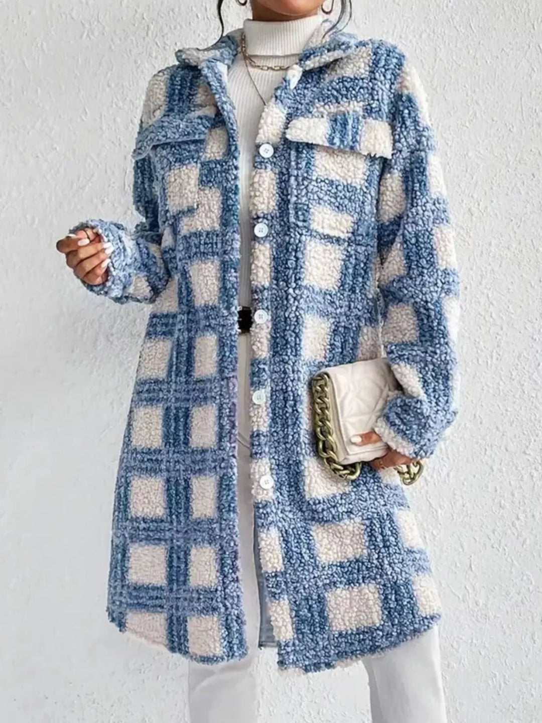 Long bouclé fabric coat with design for women Sereane, view 3 - Elena Harper