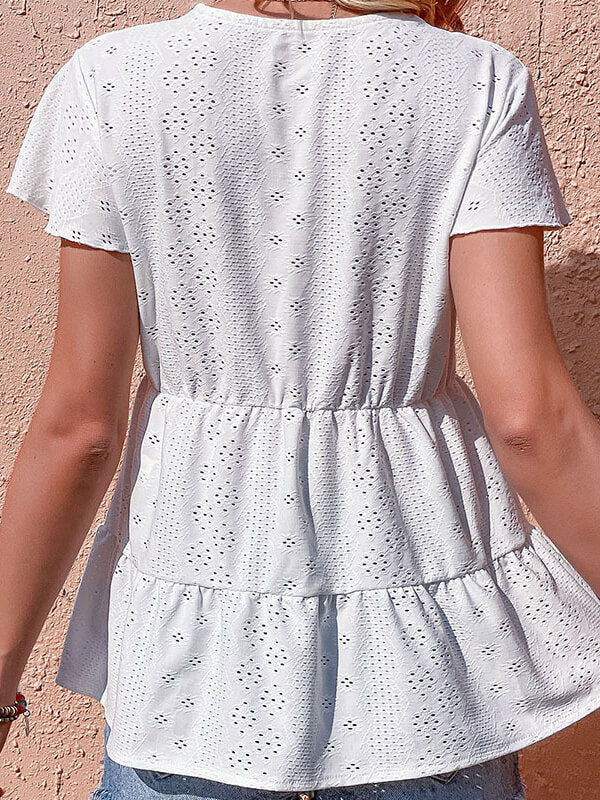 Enna - Embroidered blouse with ruffles, V-neck, and buttons