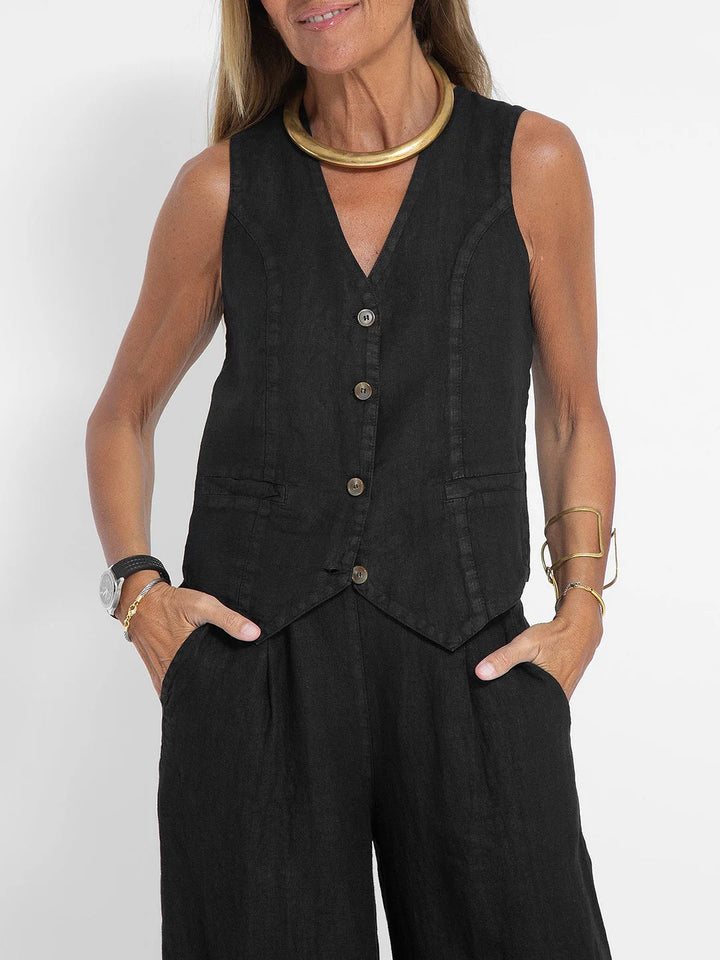 Aira Buttoned Vest & Wide-Leg Trousers Set - Elena Harper