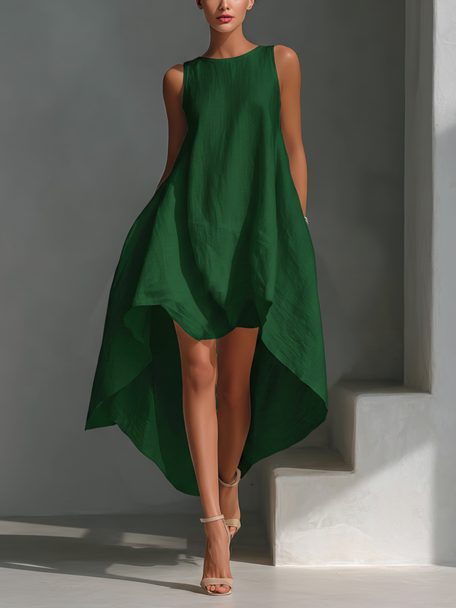 White Linen Sleeveless Midi Dress for Women with Round Neck and Asymmetrical Hem, view 5 - Elena Harper