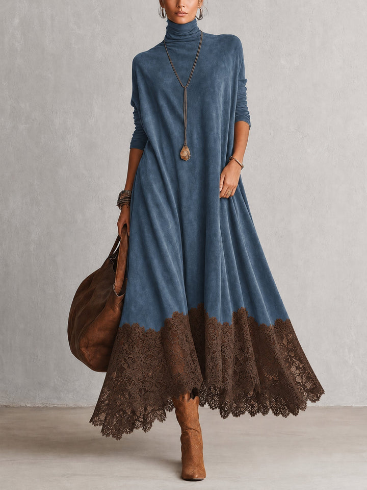 Long women's suede-effect dress with lace