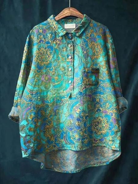 Leonie Women's Floral Blouse with Button Placket and Pocket, view 5 - Elena Harper