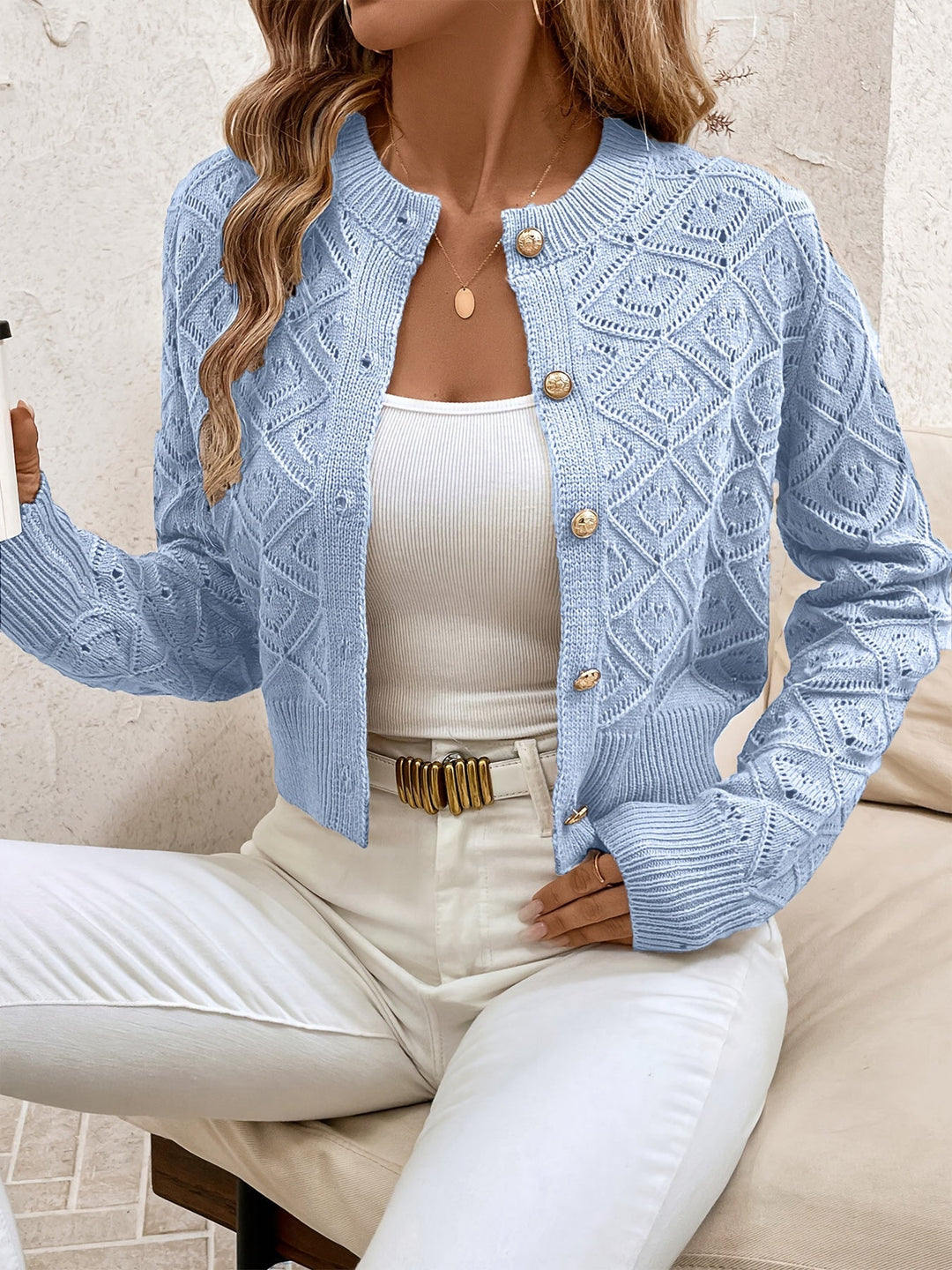 Women's Buttoned Openwork Cardigan - Elegant and Lightweight