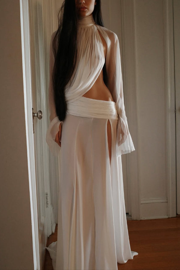 Sexy See-through High-neck Long-sleeved Draped Top and High-waisted Slit Maxi Skirt Vacation Set, view 8 - Elena Harper