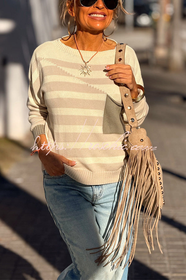 Xander Knit Color-block Stripes Wide Neck Long Sleeve Pocket Relaxed Sweater