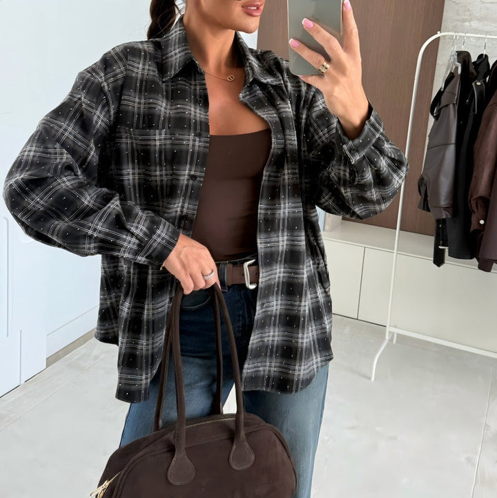 Women's Single-Breasted Shirt with Tartan Pattern and Rhinestones, Long Sleeves