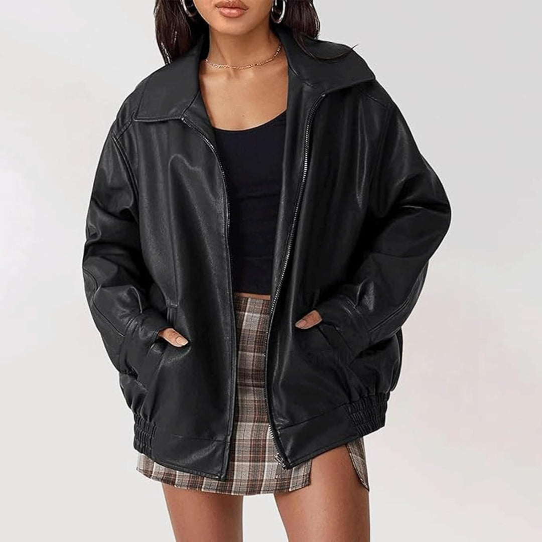 Women's Oversized Faux Leather Biker Style Jacket