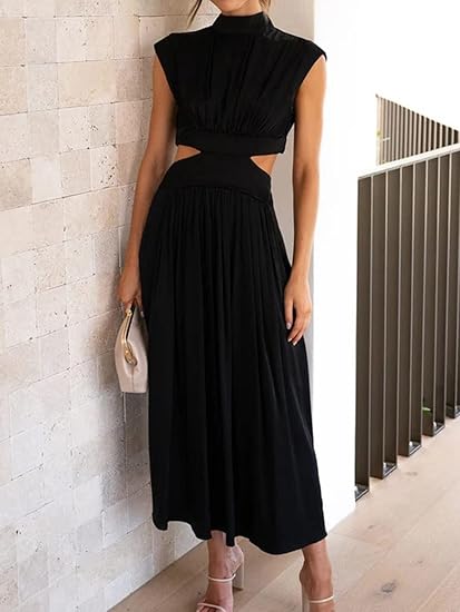 Sleeveless High Neck Maxi Dress for Women Flowing Pleated Style with Cutouts, view 5 - Elena Harper