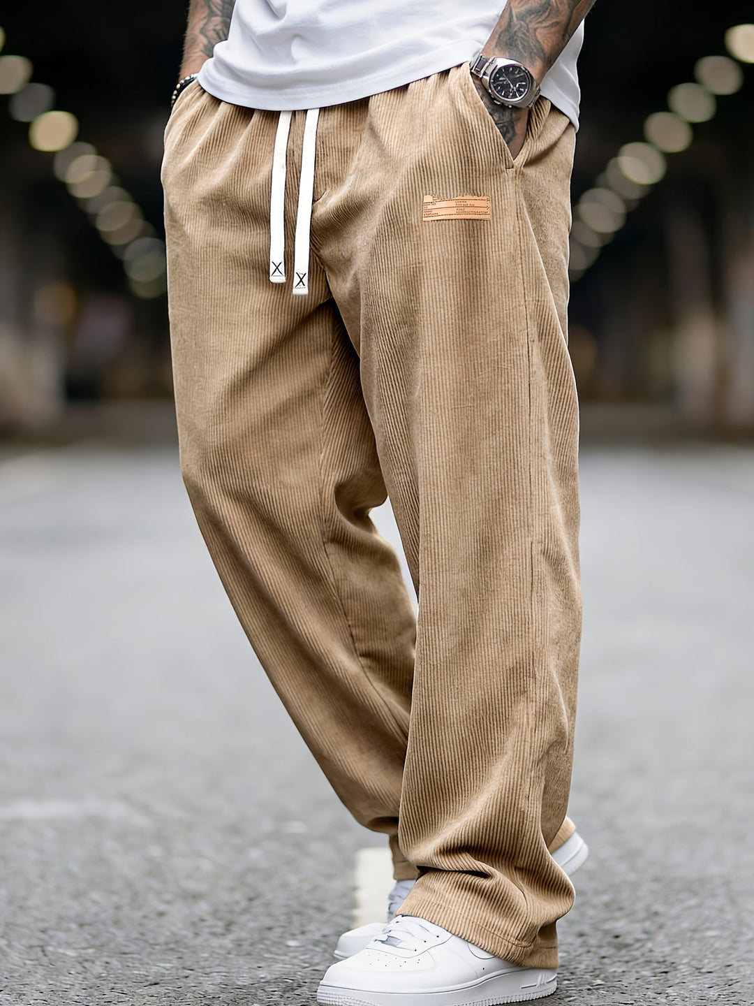 Men's Loose Fit Corduroy Trousers with Elastic Waist and Pockets - Elena Harper