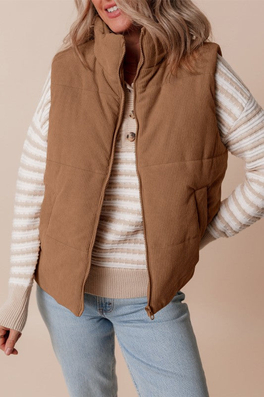 Padded Corduroy Vest with High Collar for Women - Norayne