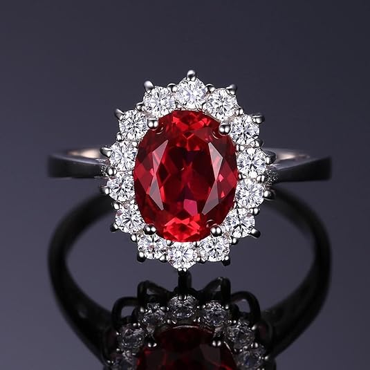 Elegant white gold ring with ruby halo, view 4 - Elena Harper