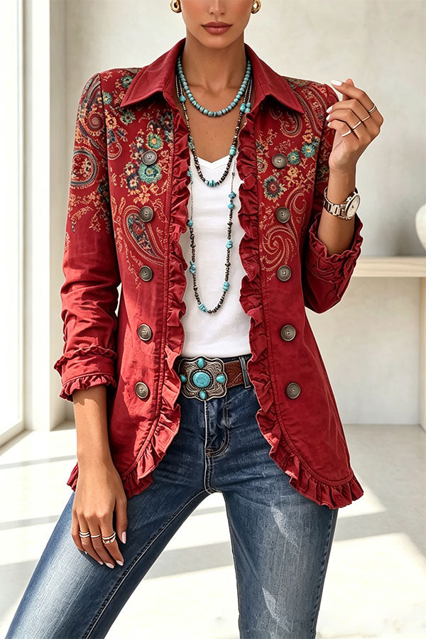 Stylish and Unique Printed Ruffle Trim Button-down Long Sleeve  Jacket