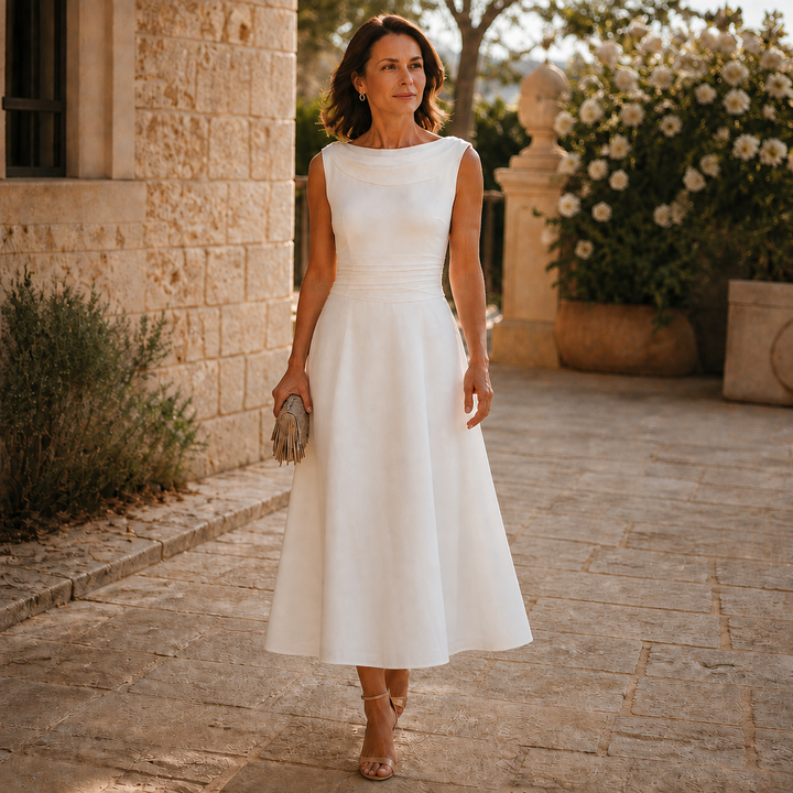 Draperie Draped-Neck Pleated A-Line Wedding Guest Dress - Elena Harper