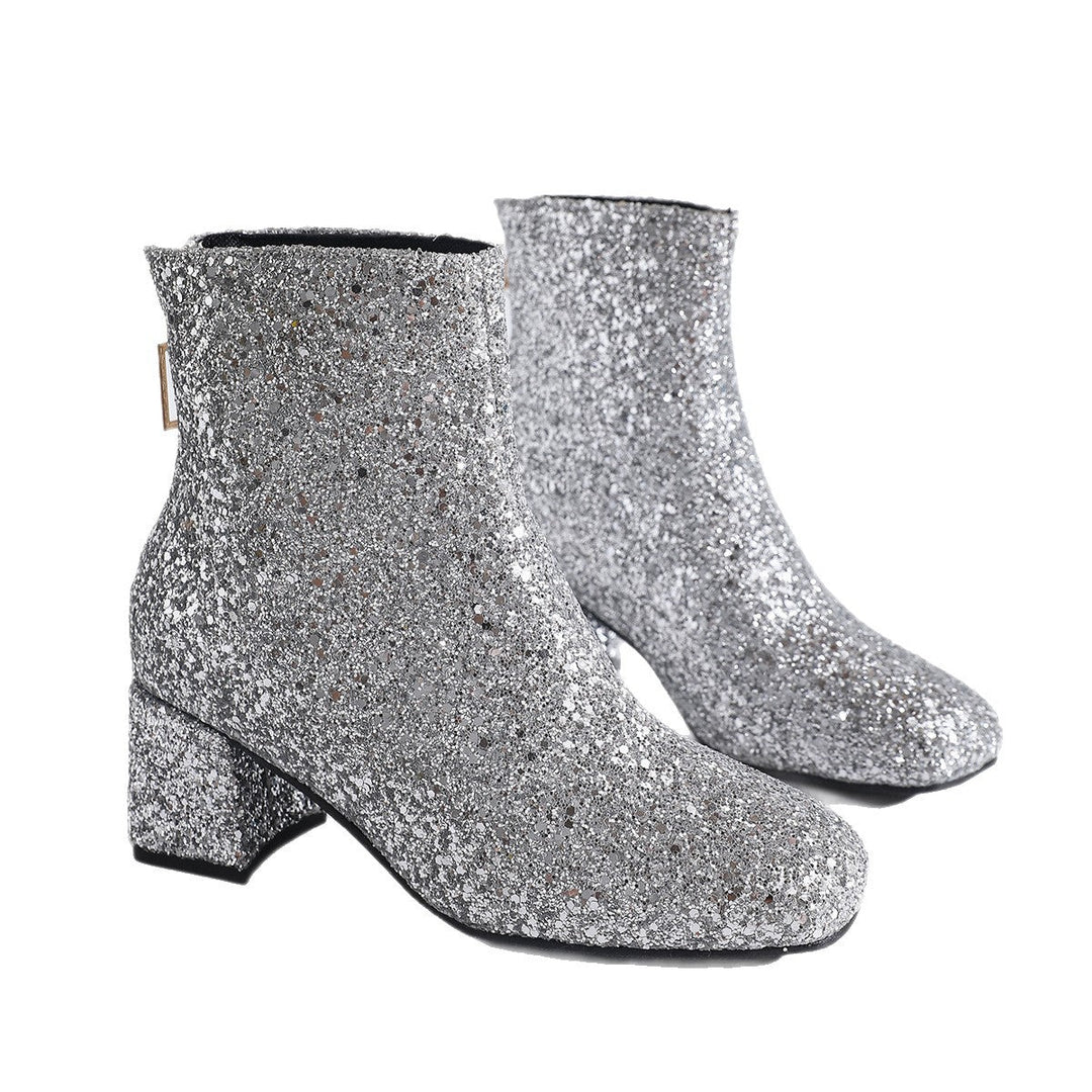 Glitter Ankle Boots with Pointed Toe and Block Heel for Women