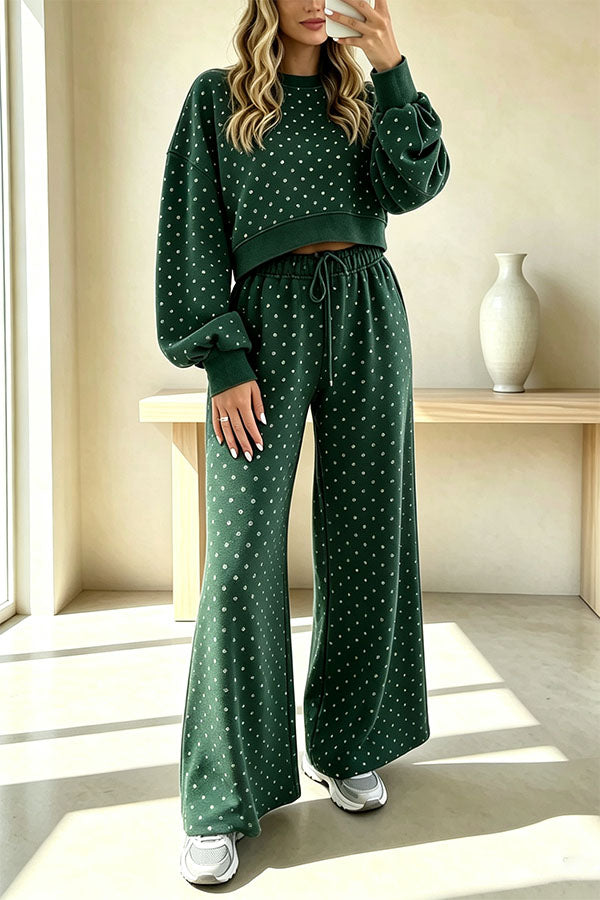 Relaxed and Casual Polka Dot Print Long Sleeve Sweatshirt and Drawstring Elastic Waist Pants Set