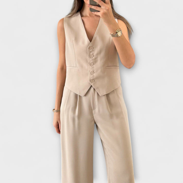 Hazel - Stylish Solid Color V-Neck Vest and Pants Two-Piece Set