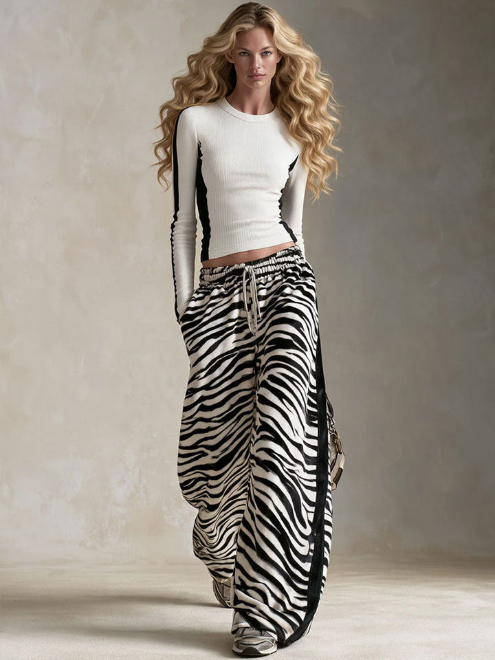 Casual Retro Black And White Color-Blocked Zebra Print Cotton Faux Suede Trim Pants, view 7 - Elena Harper