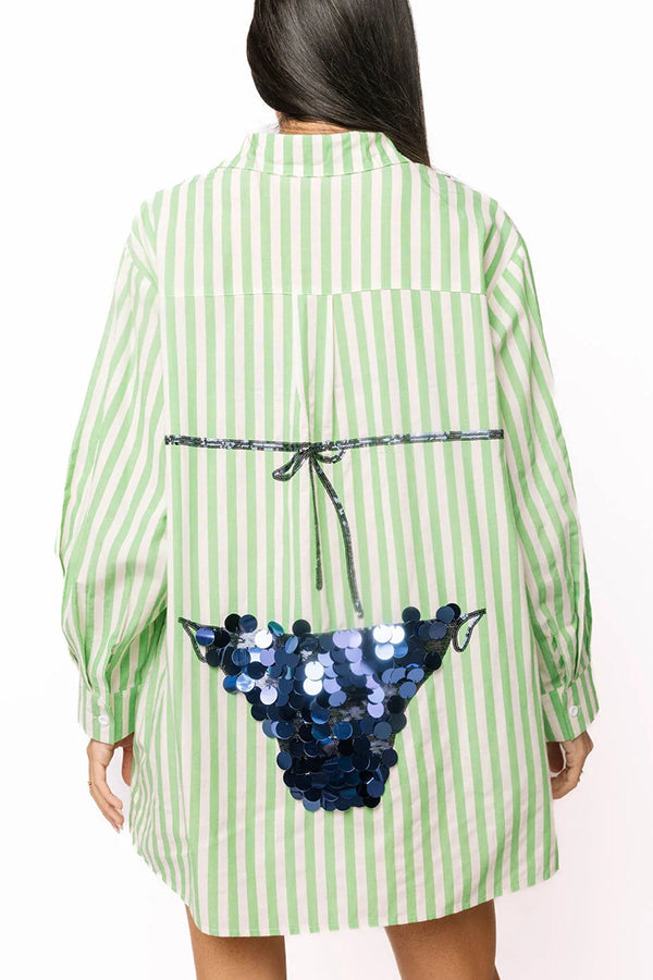 Vacation Vibe Gold Sequin Long-sleeved Bikini Pattern Blue & White Stripe Button Up Pocket Tunic (Shipped Within 24 Hours)
