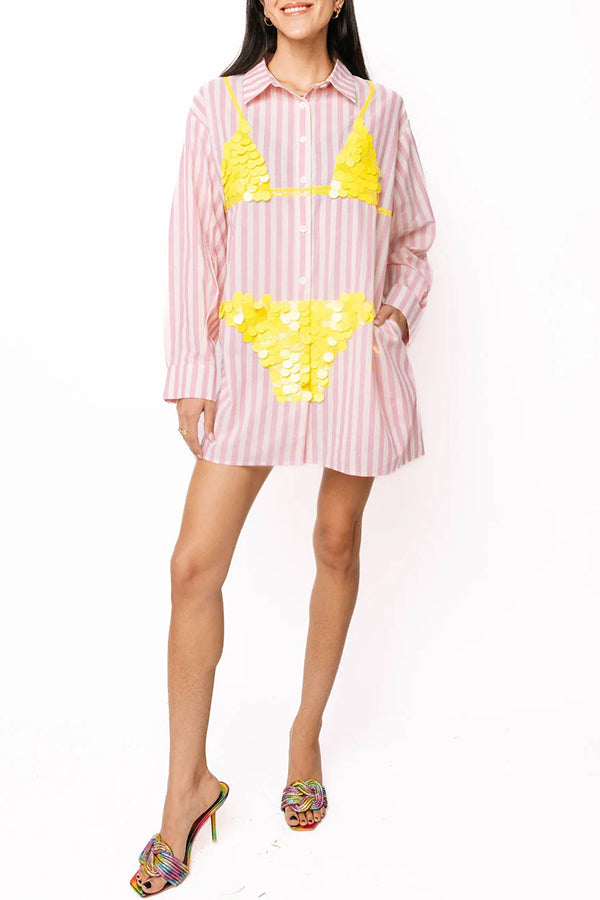 Vacation Vibe Gold Sequin Long-sleeved Bikini Pattern Blue & White Stripe Button Up Pocket Tunic (Shipped Within 24 Hours)