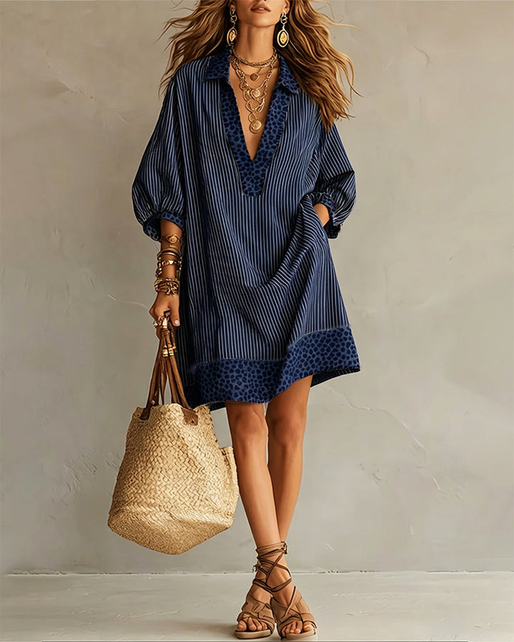 Panel dress with leopard print and puff sleeves, striped shirt