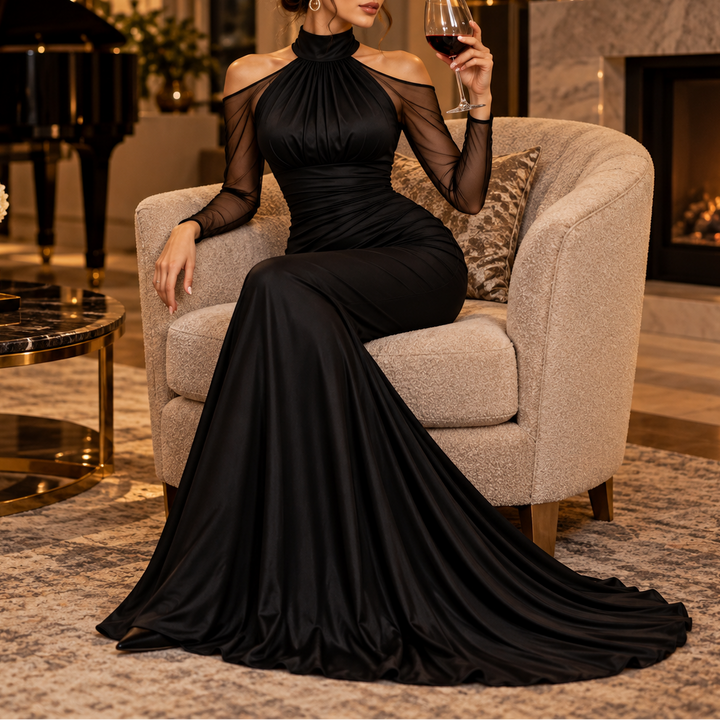 Elara – Cold-Shoulder Ruched Mermaid Evening Gown