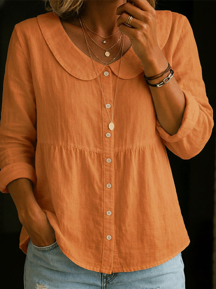 Linen Blouse with Button Closure and Notched Collar for Women