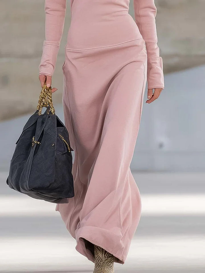 Long Pink Retro Sporty Dress with V-Neck and Front Zipper, Long Sleeves - Elena Harper