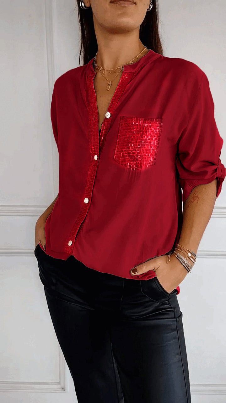 Women's Sequin Trim Button-Up Shirt - Elegant & Versatile