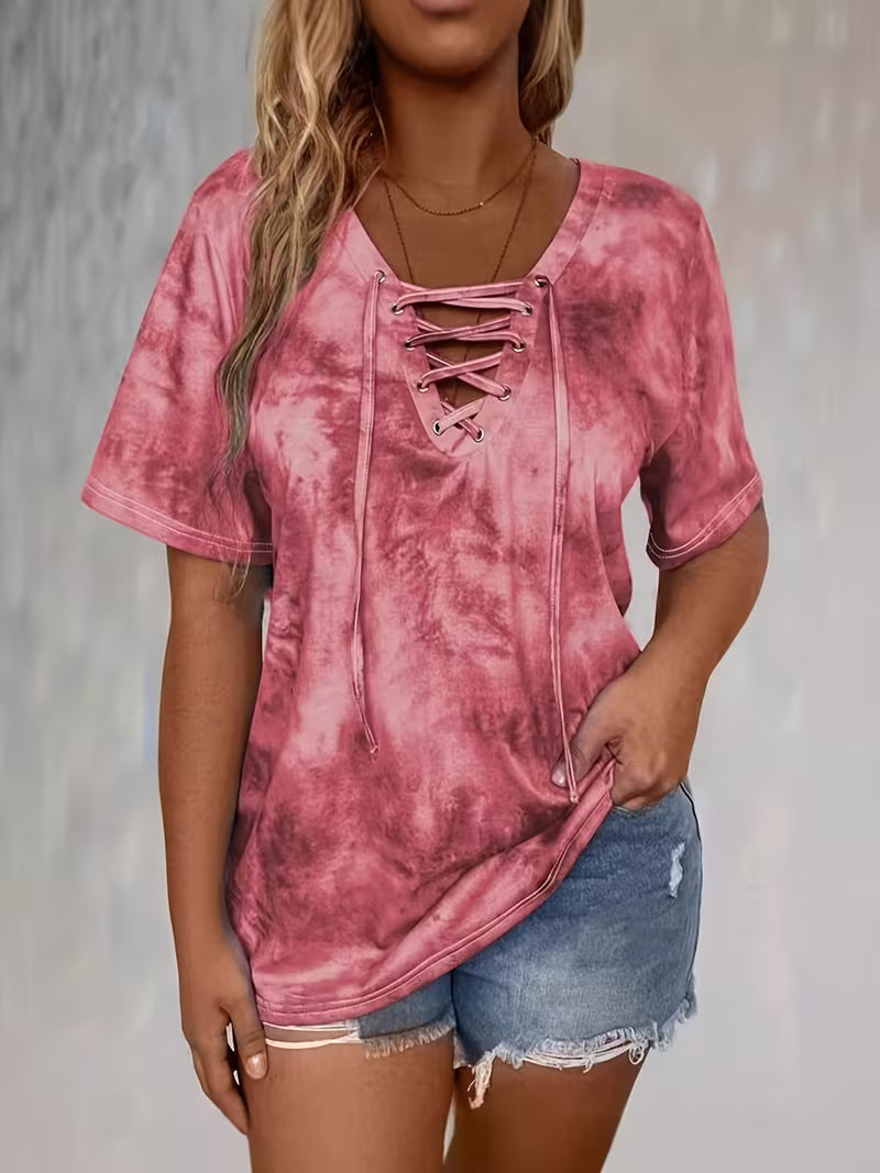 Beryl Short Sleeve T-Shirt with Print and Drawstring, view 4 - Elena Harper
