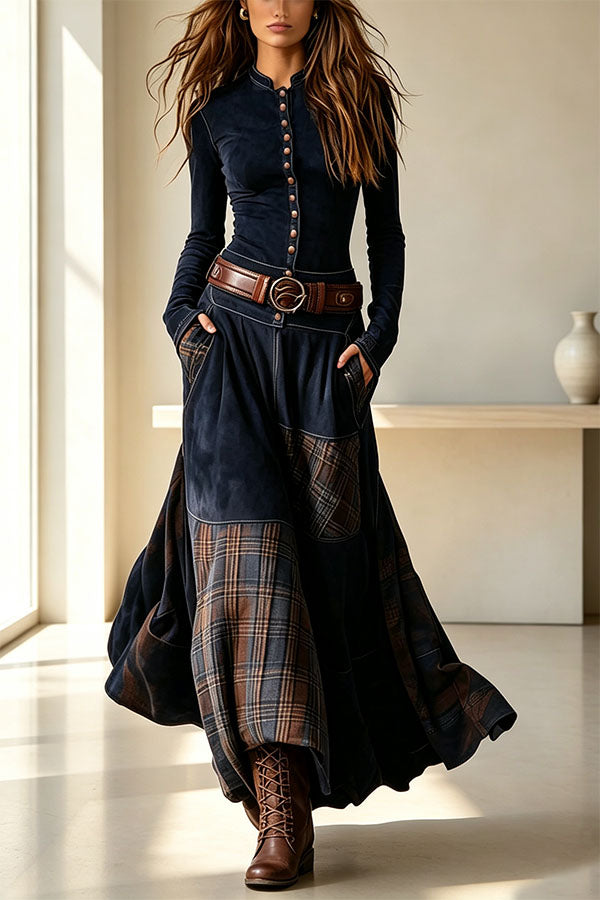 Retro-style Patchwork Single-breasted Long-sleeved Casual Pocket Maxi Dress