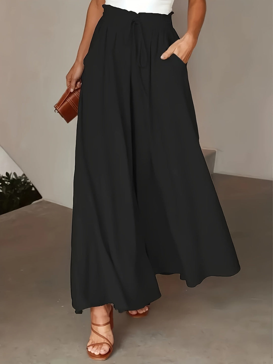 Women's Wide Leg Trousers Elegant Solid Color, Smooth Woven Polyester Fabric Casual Chic All Seasons Micro-Elastic Waist Long and Loose Fit, view 3 - Elena Harper