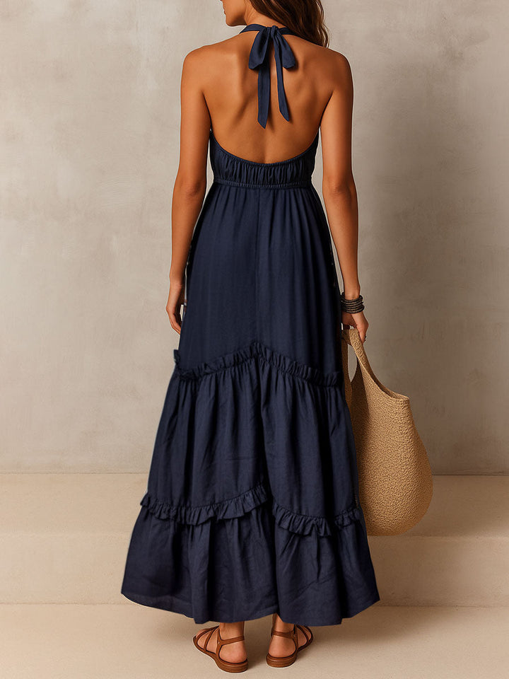 Boho Midnight Blue Ruffled Halter Maxi Dress