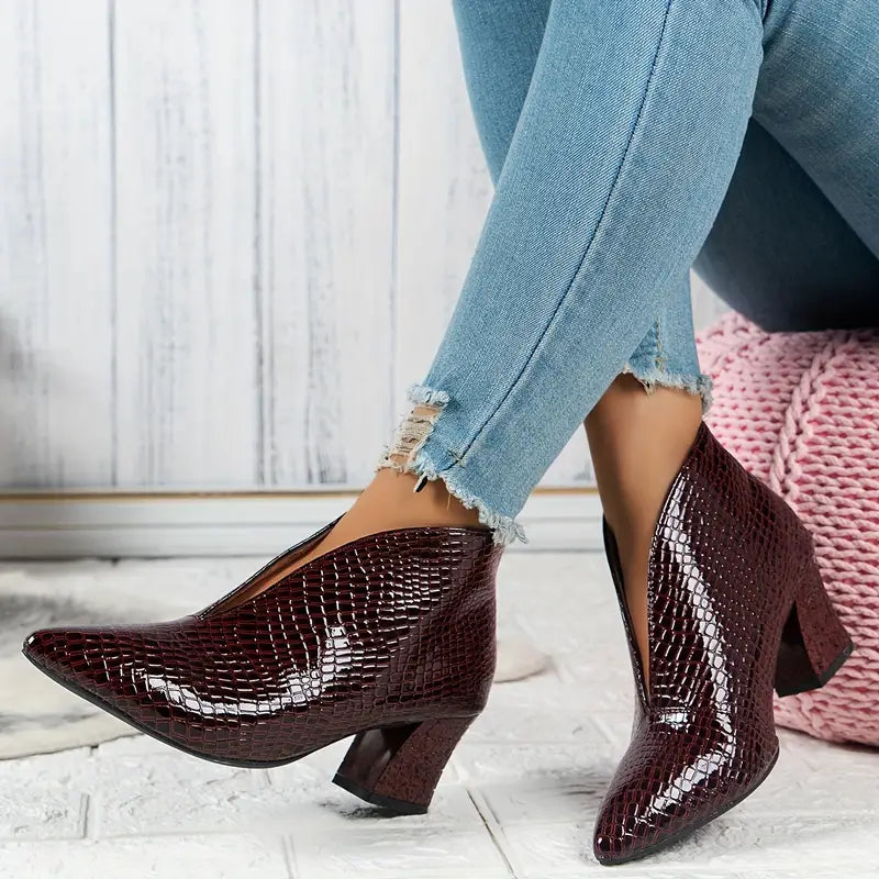 Women's Textured Ankle Boots with Curved Cut and Mid Block Heel, view 6 - Elena Harper