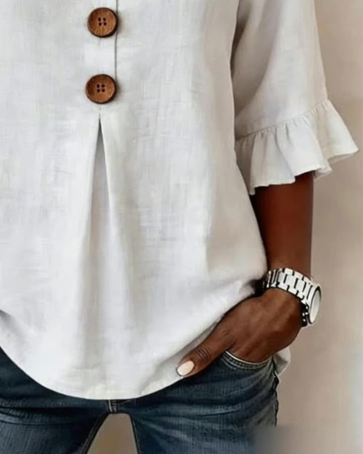 Janet V-Neck Blouse with Wooden Buttons and Ruffled Sleeves - Elena Harper