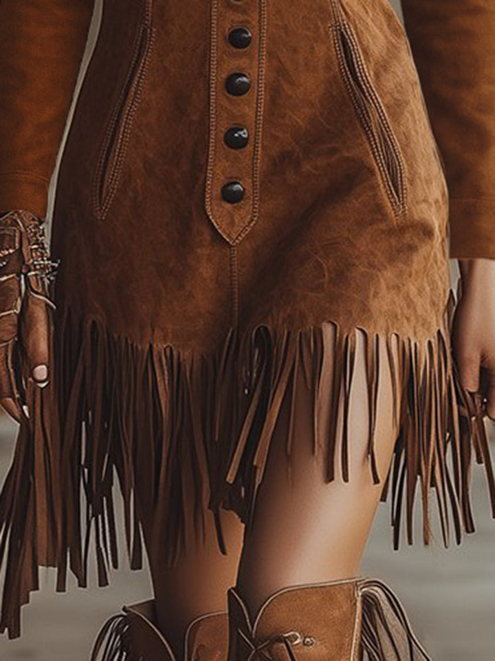 Western Style Tassel Brown Faux Suede Long Seleve Mini Dress, view 4 - Elena Harper