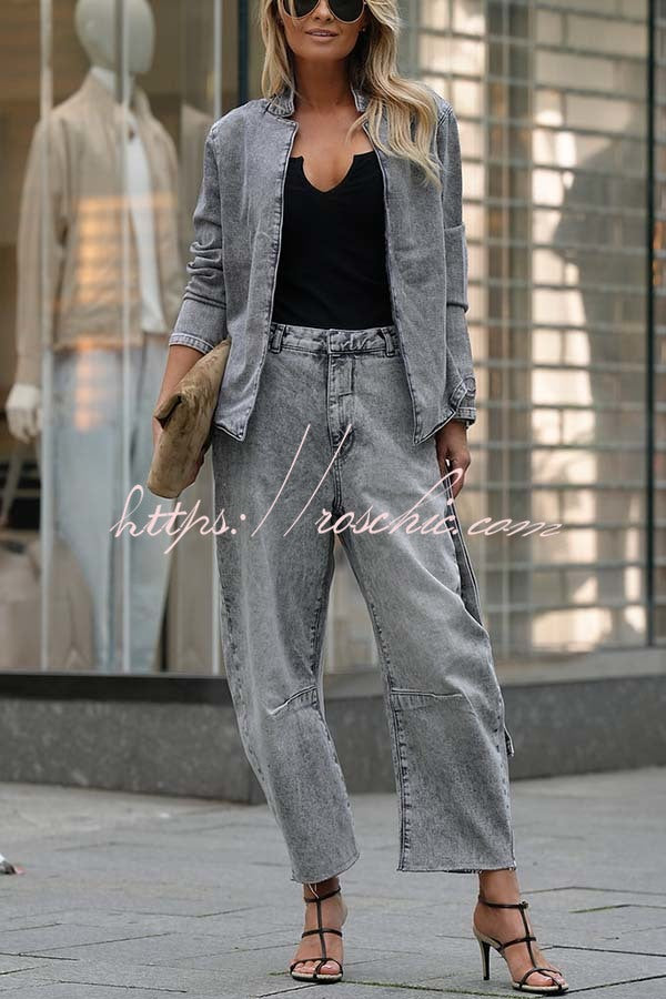 Casual Meetup Washed Denim Mid Rise Pocketed Barrel Jeans - Elena Harper