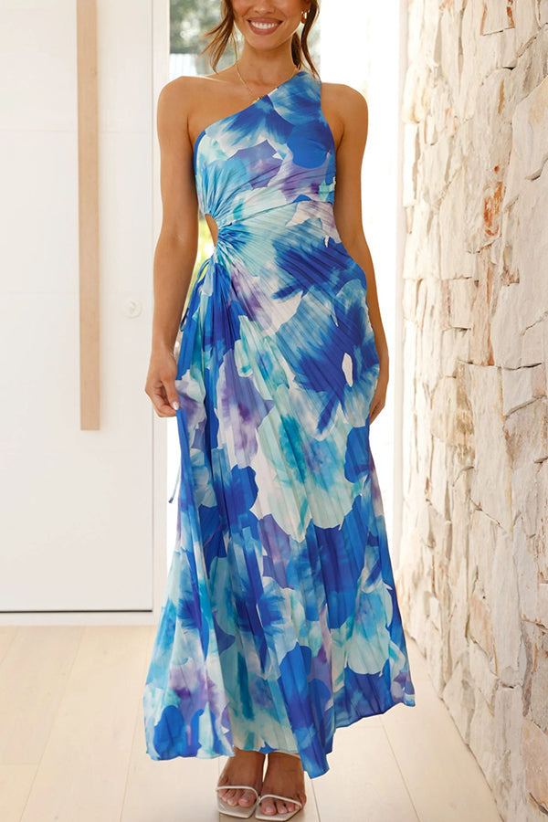 Deja Floral Pattern One-Shoulder Pleated Maxi Dress - Elena Harper