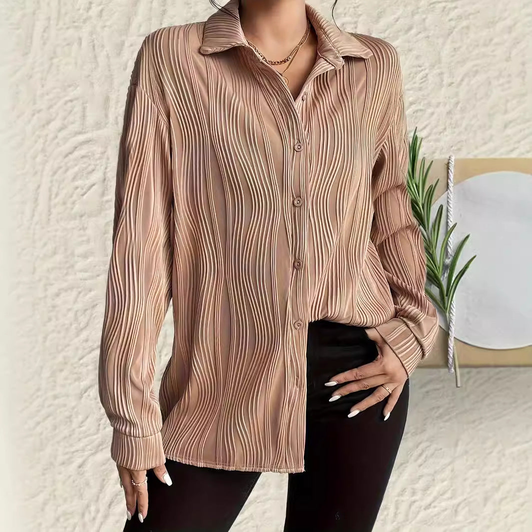 Women's Plus Size Long Sleeve Shirt with Classic Collar and Button Closure