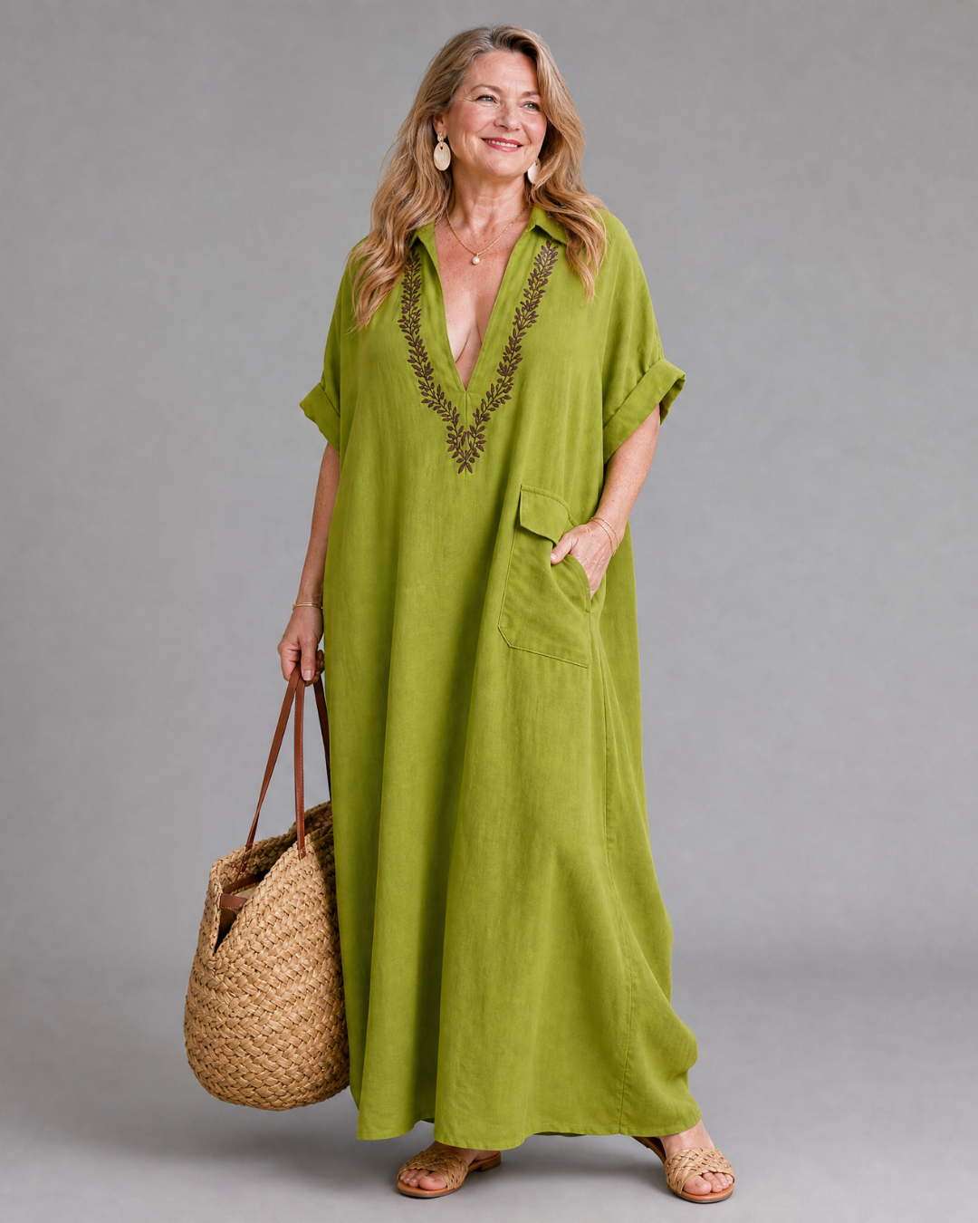 Elakeja Embroidered V Neck Pocket Detail Relaxed Midi Dress - Elena Harper