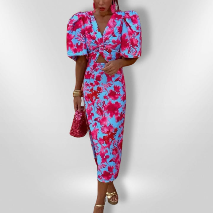 Elegant Midi Dress with Voluminous Sleeves - Elena Harper