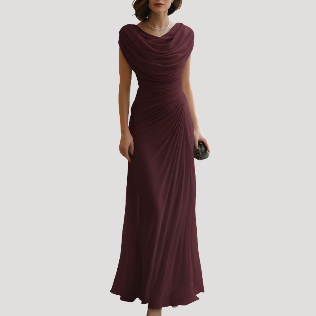 Elegant Draped Long Dress with Cowl Neck