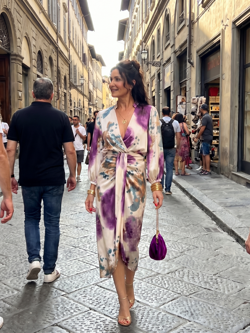 Women's Printed Cross Wrap Tie Waist Midi Dress