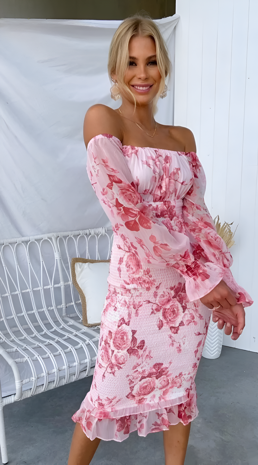 Nadia Floral Off Shoulder Smocked Waist Midi Dress - Elena Harper