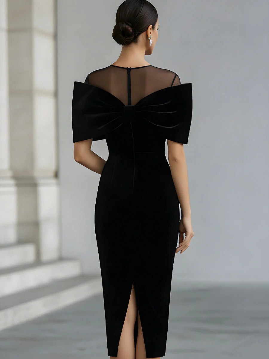 Dramatic Black Velvet Bow Midi Dress - Elena Harper