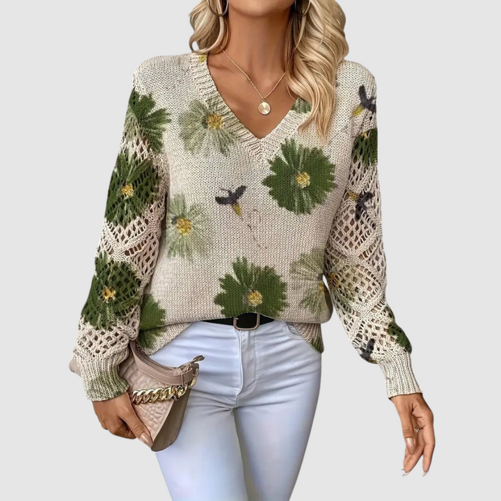Meda Elegant Sweater with Floral Pattern, view 5 - Elena Harper